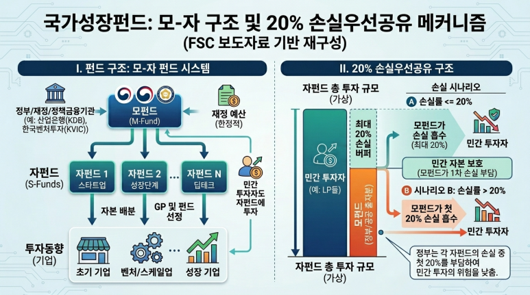 국민성장펀드의 수익 배분 및 손실 분담 구조를 설명하는 인포그래픽