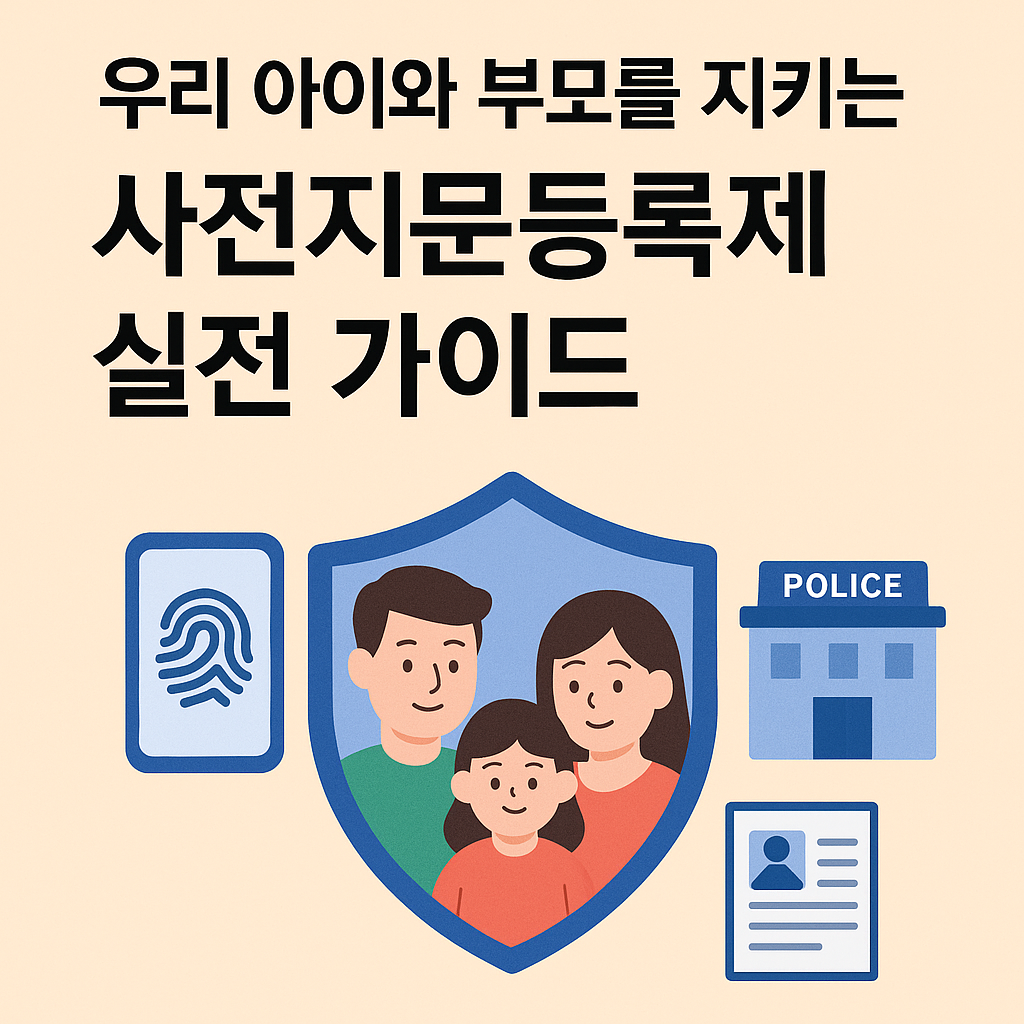 사전지문등록제 실전 가이드 썸네일 이미지 (가족, 지문, 경찰서 아이콘 포함)