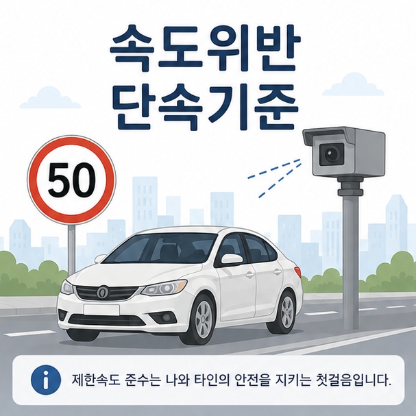 제한속도 표지와 자동차 및 무인단속카메라를 이용해 속도위반 단속기준을 소개하는 그림