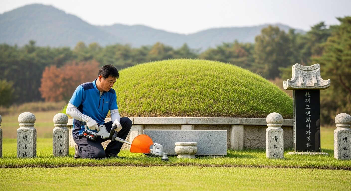 예초기를 사용해 무덤 주변 잔디를 다듬는 작업자