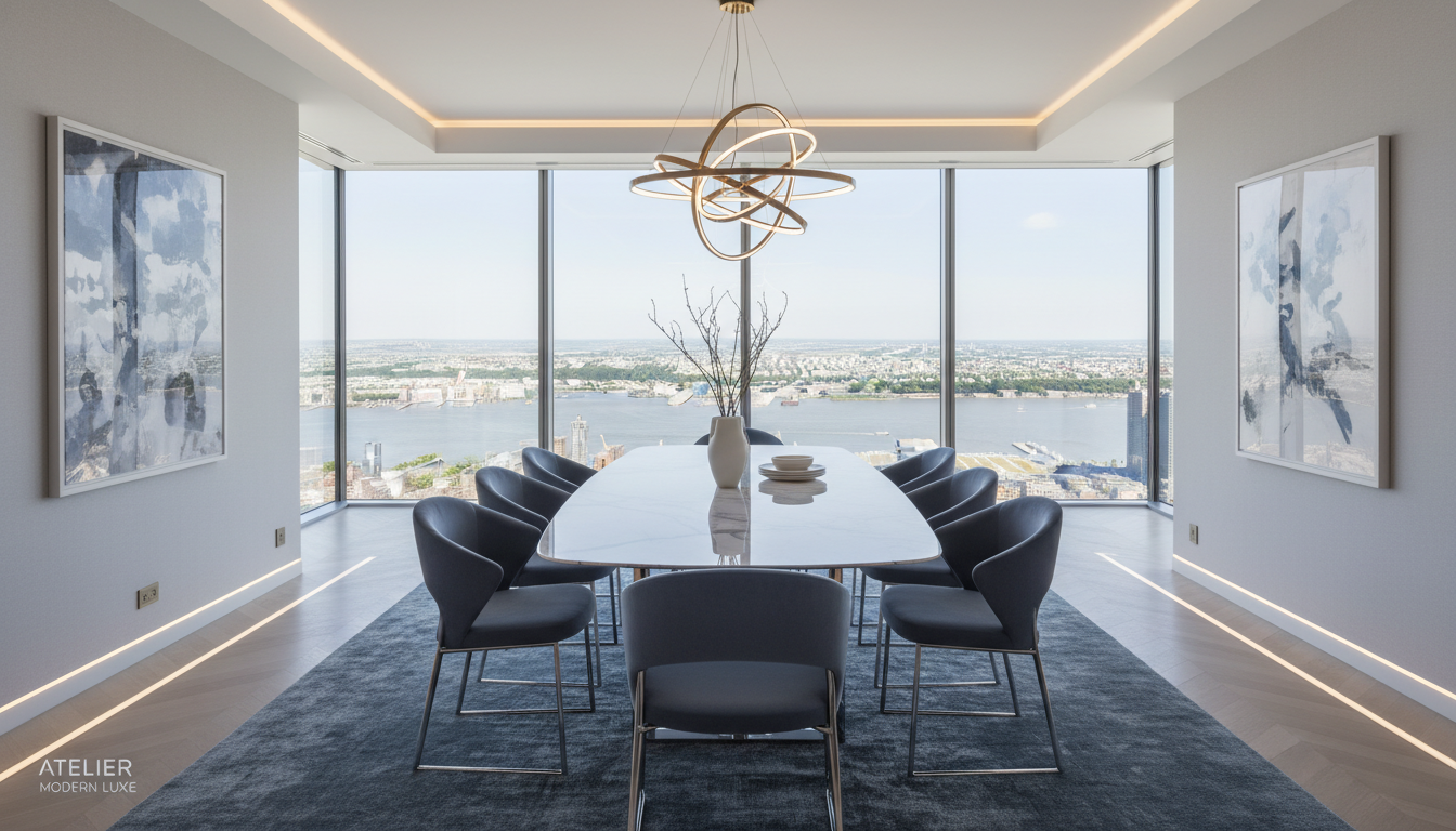 채광이 가득 들어오는 한강뷰 고급 빌라의 우아한 다이닝 룸 인테리어