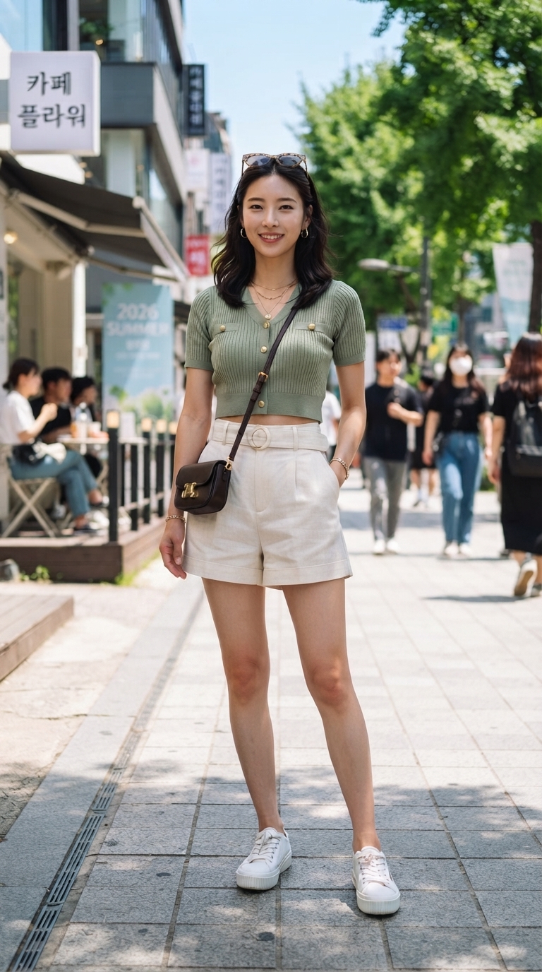 Full body shot of a young Korean woman in a stylish 2026 summer shorts outfit, high-waisted shorts with balanced top, standing in a bright sunny outdoor location, high quality fashion photography