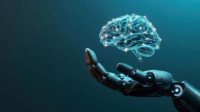 로봇 손 위에 떠있는 두뇌 모형