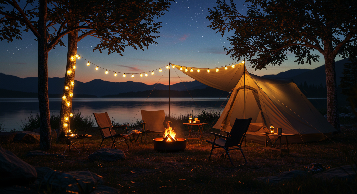 밤하늘 아래 텐트와 캠핑 장비들이 펼쳐져 있는 모습