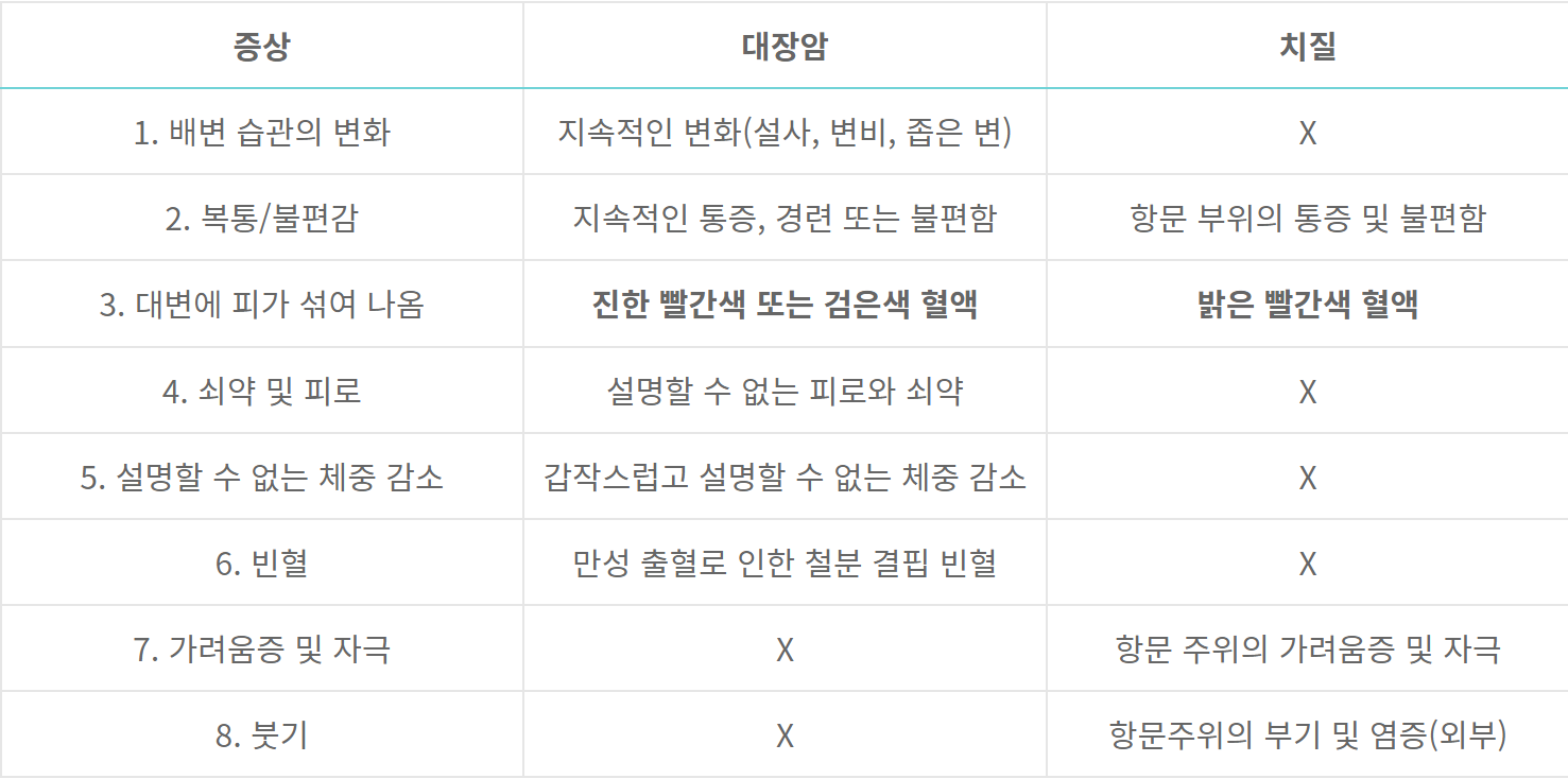 대장암 치질 증상 비교표
