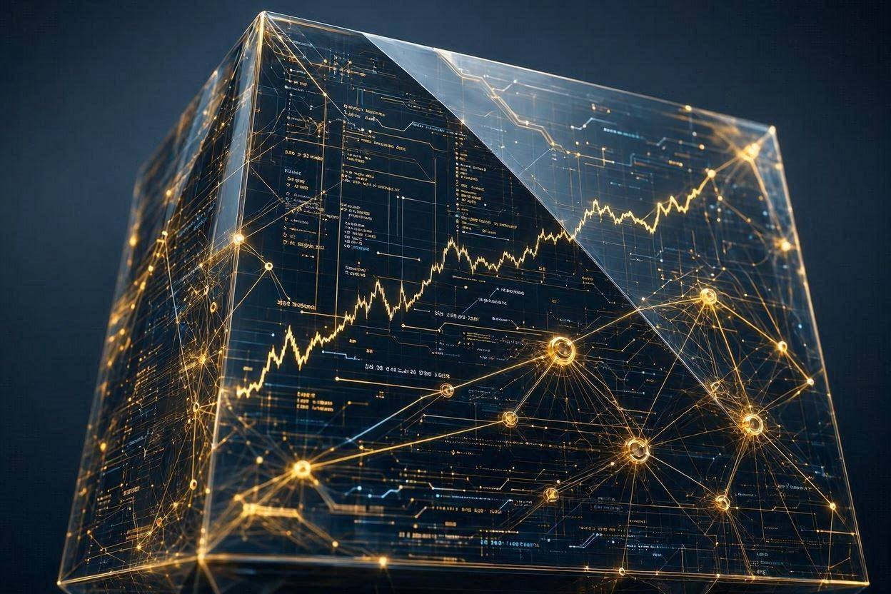 A futuristic financial infographic depicting a complex digital algorithm and neural network processing stock index data, representing the computational and algorithmic nature of modern financial markets