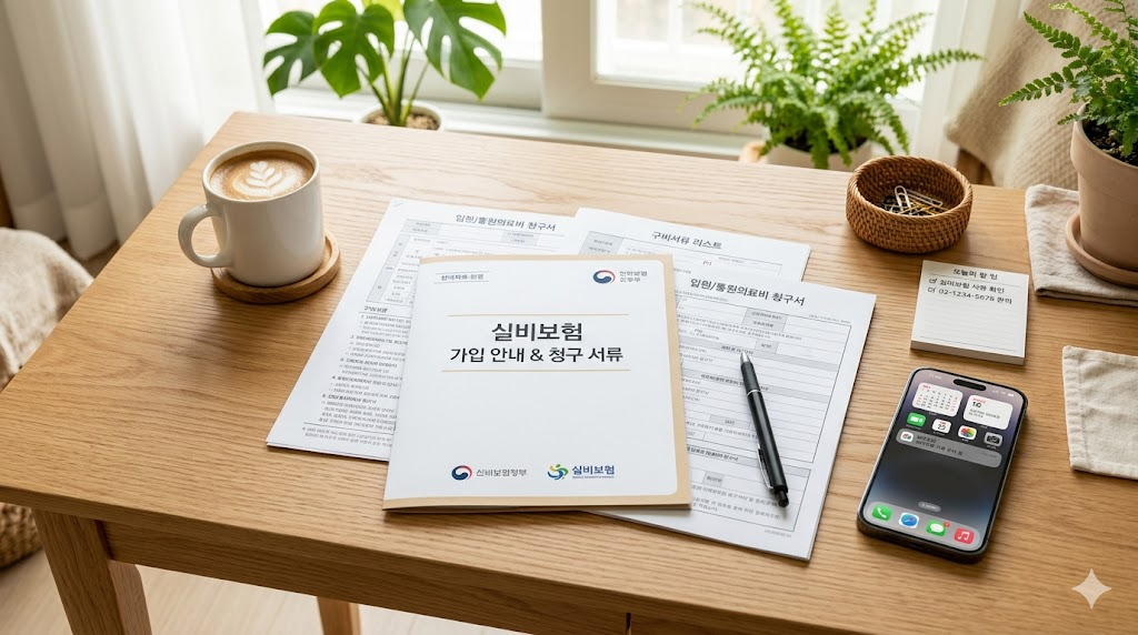밝은 자연광이 들어오는 깔끔한 책상 위에 실비보험 관련 서류와 볼펜, 스마트폰이 놓여 있는 장면. 생활 정보 블로그 썸네일 느낌의 따뜻하고 정갈한 분위기