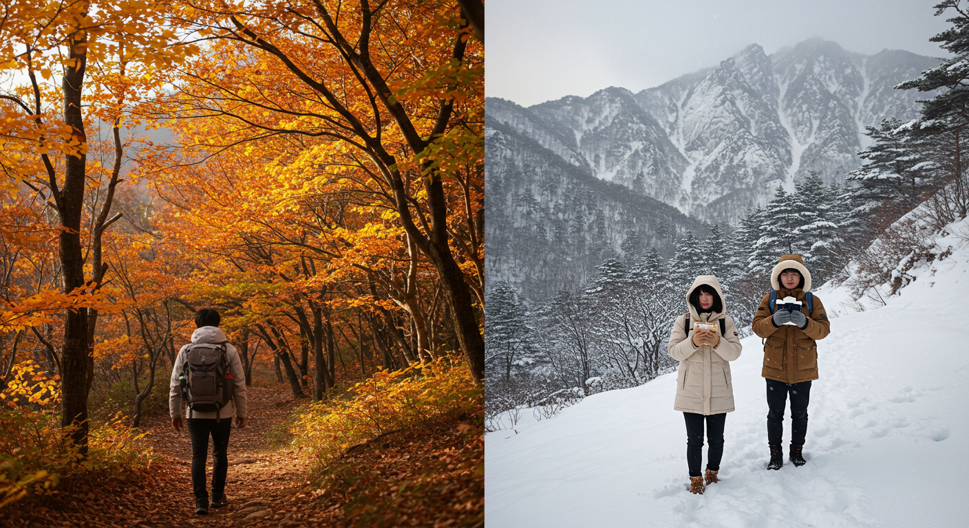 가을 단풍이 든 강원도 숲길과 겨울 설경을 보여주는 계절별 풍경.