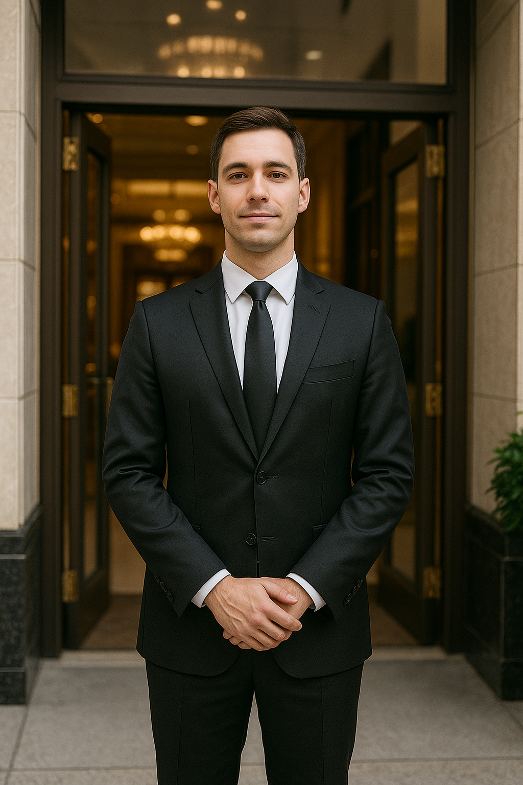 호텔 직원이 입구 앞에서 올바르게 서있는 이미지