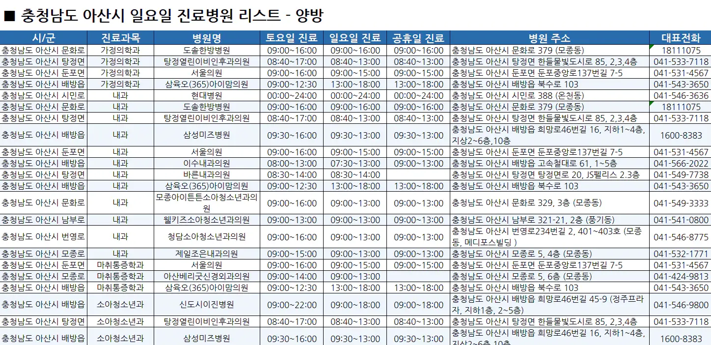 아산시-일요일-진료병원-리스트-예시