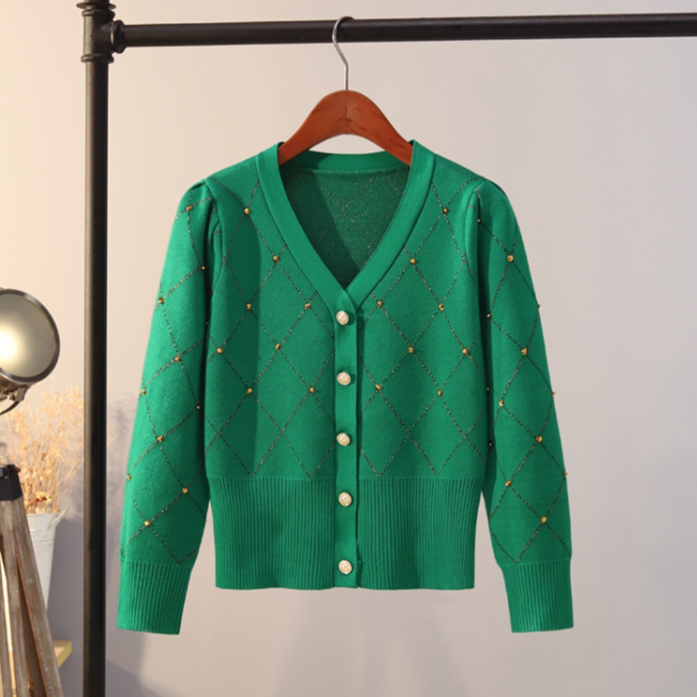초록색가디건 보세 녹색 보석 흰색 아가일 크롭 니트 가디건
