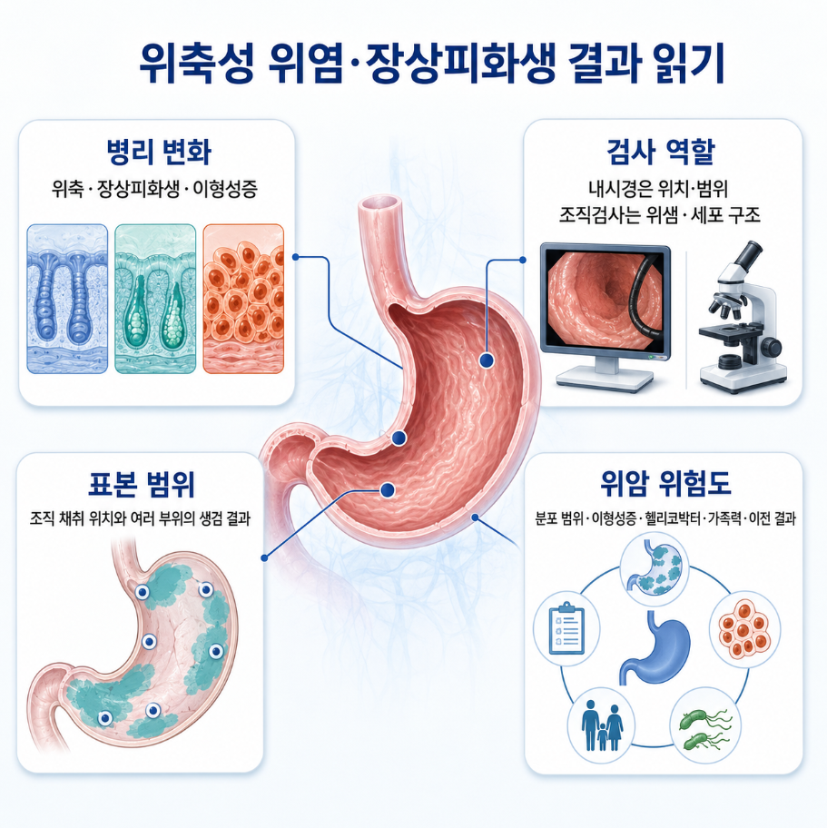위축성 위염과 장상피화생 결과를 읽는 병리 변화·검사 역할·위암 위험도·표본 범위 요약 인포그래픽