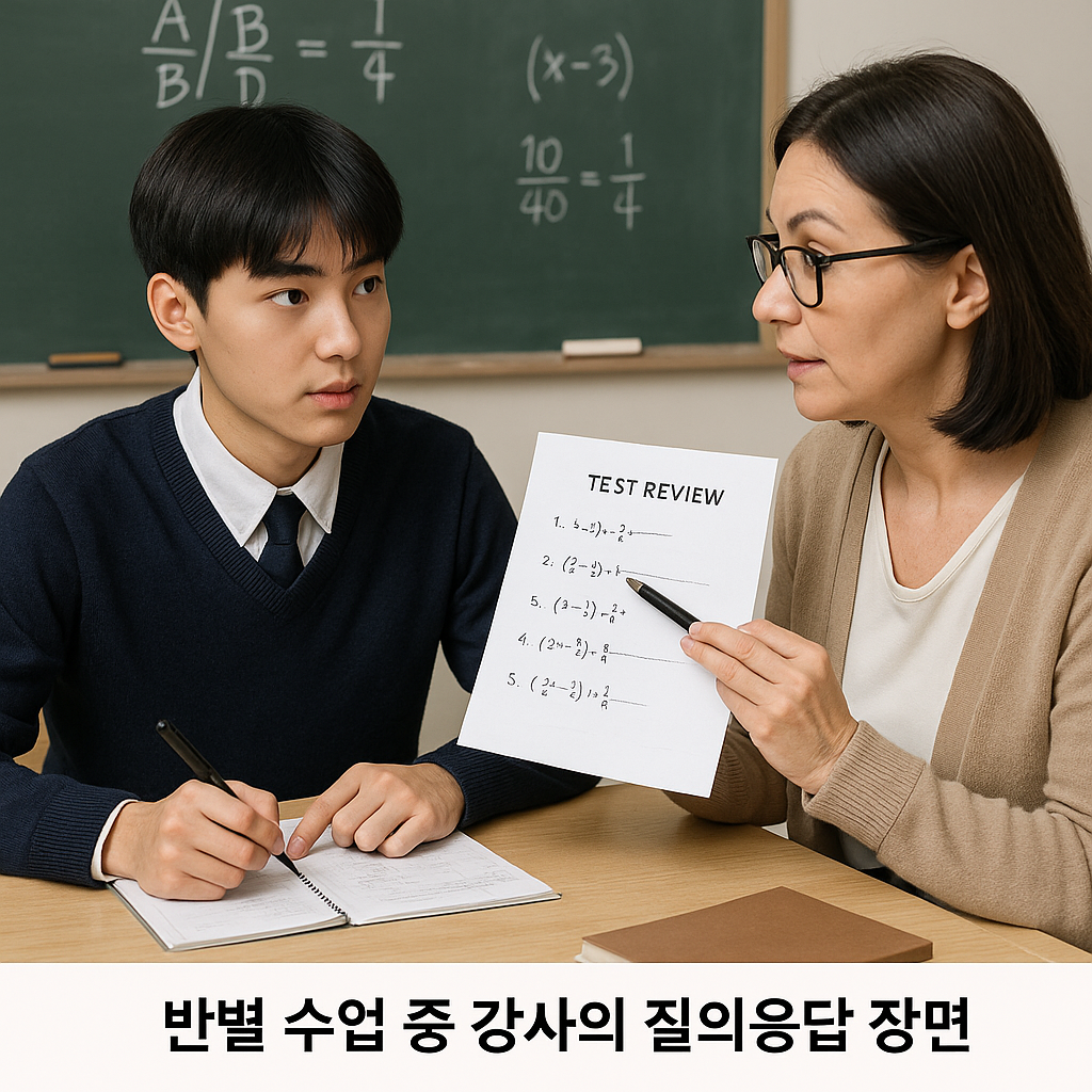 남학생이 수업 중 강사의 수학 문제 해설을 집중해 듣는 모습. 강사는 시험 리뷰지를 들고 설명 중이며, 칠판에는 수학 공식이 적혀 있음.
