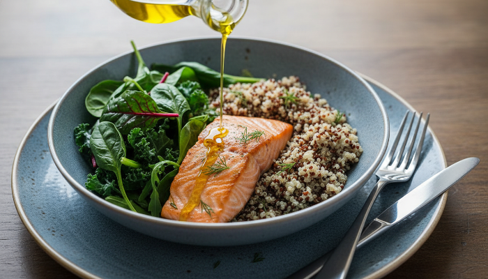 저속노화를 위한 퀴노아, 연어, 채소로 구성된 균형 잡힌 건강 식단