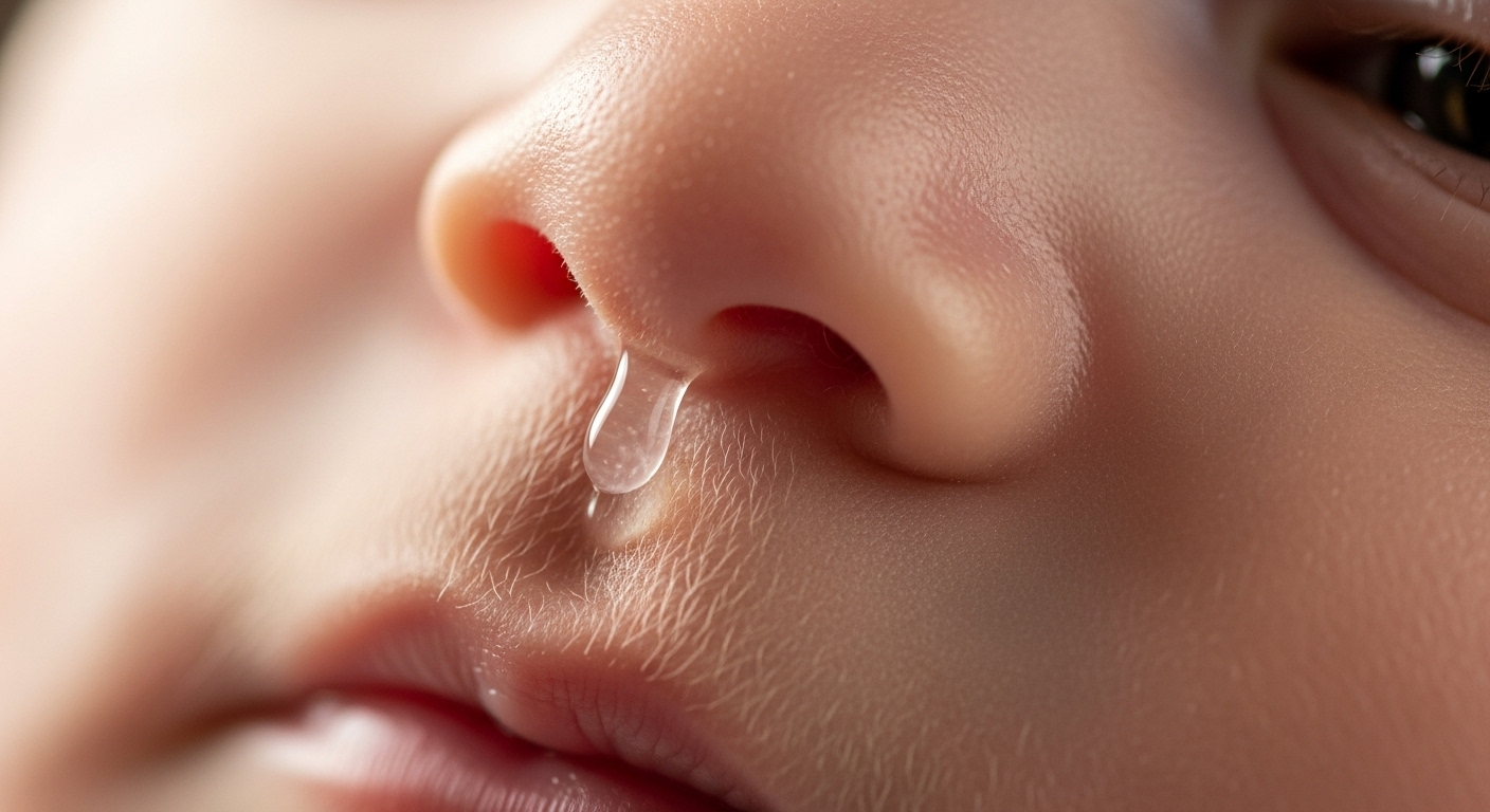 맑은 콧물이 살짝 흐르는 아기의 작은 코 클로즈업.