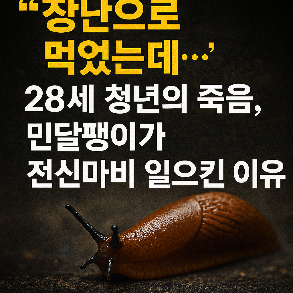 &ldquo;어두운 배경 위에 민달팽이 이미지와 함께 &lsquo;장난으로 먹었는데&hellip; 28세 청년의 죽음, 민달팽이가 전신마비 일으킨 이유&rsquo;라는 문구가 적힌 경고형 썸네일&rdquo;