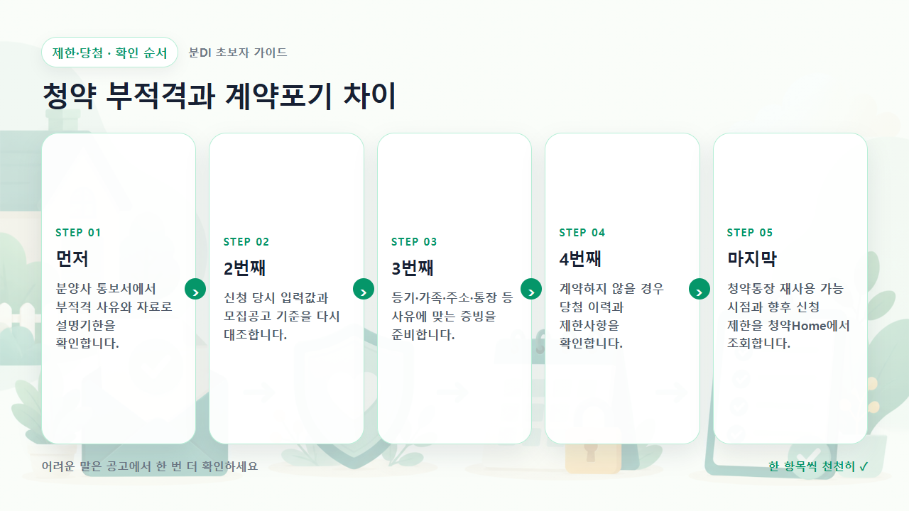 청약 부적격과 계약포기 차이 확인 순서를 다섯 단계로 보여주는 흐름도