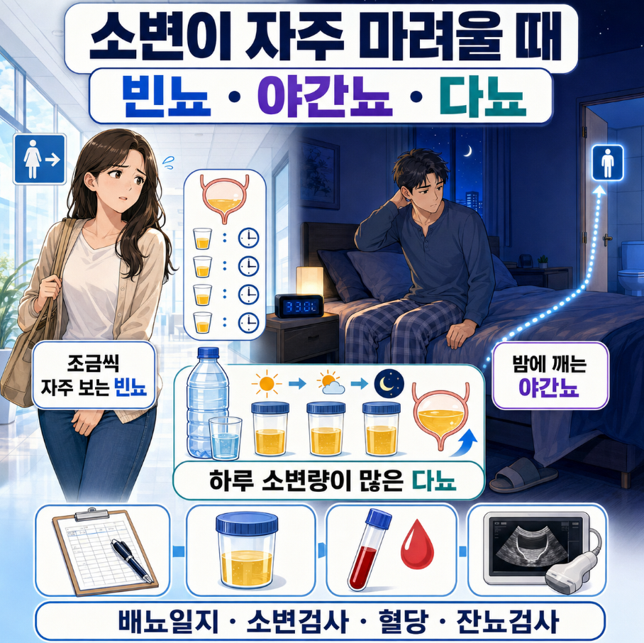 소변이 자주 마려울 때 빈뇨&middot;야간뇨&middot;다뇨 차이와 배뇨일지&middot;소변검사&middot;잔뇨검사를 보여주는 건강정보 이미지