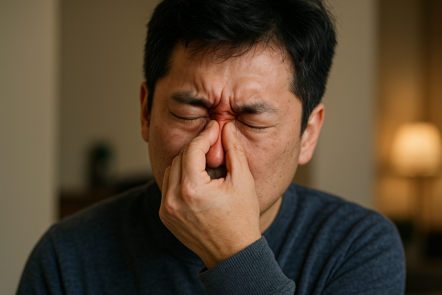 코를 막은 채 불편한 표정을 짓는 젊은 한국 남성