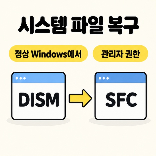 정상 Windows에서 관리자 권한으로 시스템 파일을 복구한다는 조건과 함께 DISM에서 SFC로 이어지는 노란 화살표를 표시한 이미지