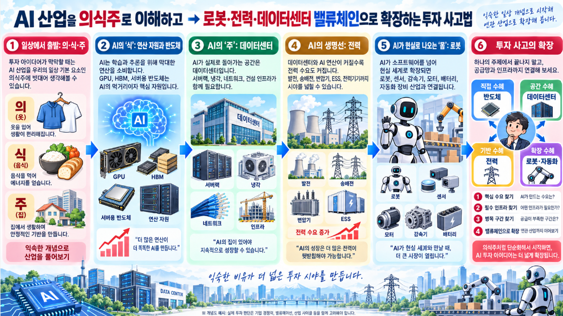 AI 산업을 의식주로 연상하여 로봇 전력 데이터센터 밸류체인으로 확장하는 투자 사고법을 표현한 일러스트