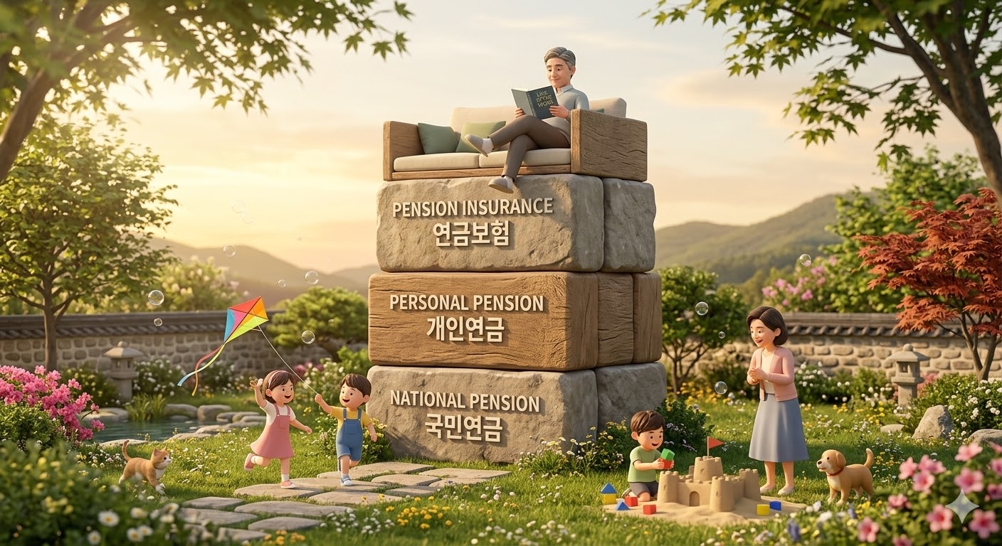 1층 국민연금, 2층 연금계좌, 3층 연금보험으로 쌓아 올린 튼튼한 '3층 연금 탑' 위에서 아빠가 편안하게 독서하는 평화로운 일러스트