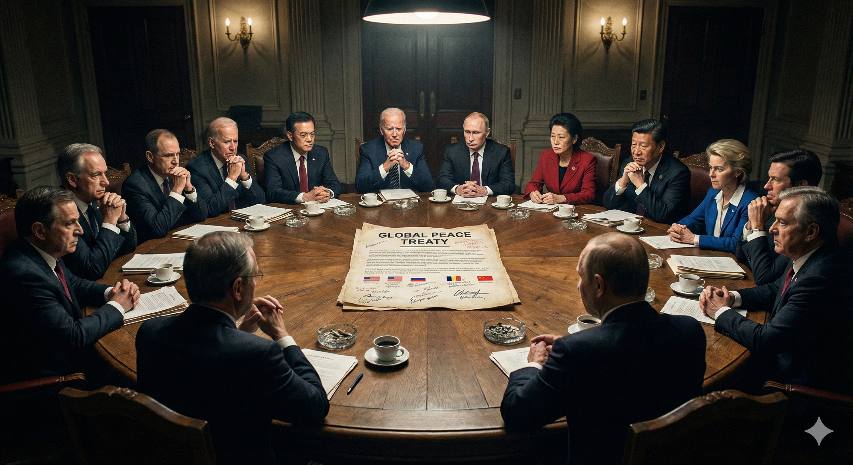 국제 지도자들이 원형 테이블에 둘러앉아 긴장된 표정으로 평화 조약을 논의하는 모습. 각국의 이해관계와 협상의 어려움을 상징합니다.