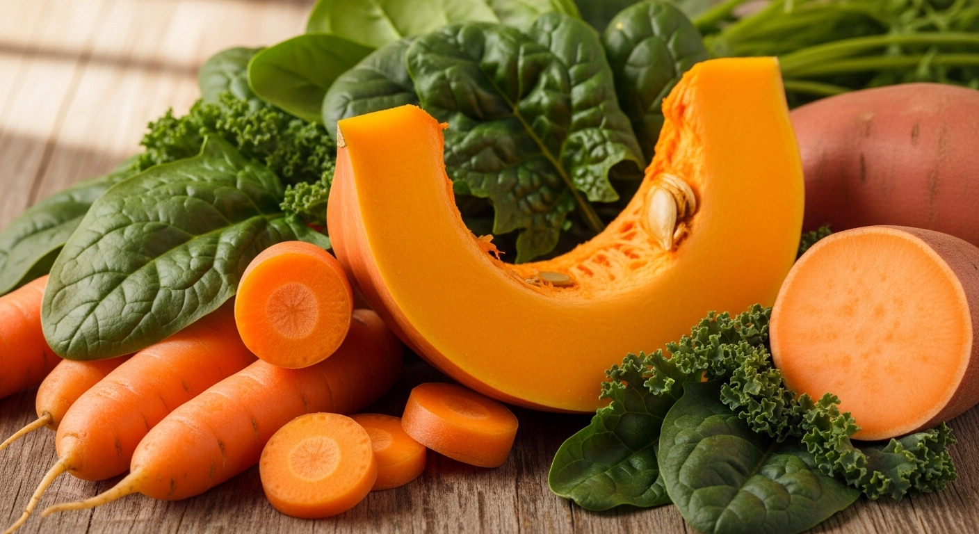 베타카로틴이 풍부한 당근, 호박, 시금치, 케일 등 다양한 채소들이 신선하게 놓여 있는 모습