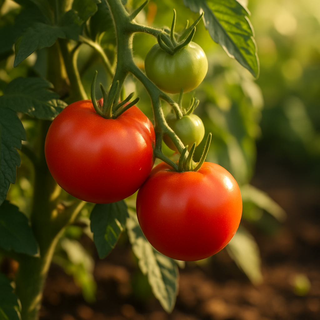 밭에서 자라는 붉은 토마토