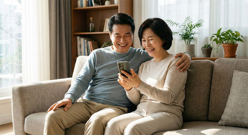 거실 소파에 앉아 스마트폰 화면을 함께 들여다보며 웃고 있는 50대 한국 부부의 사진.