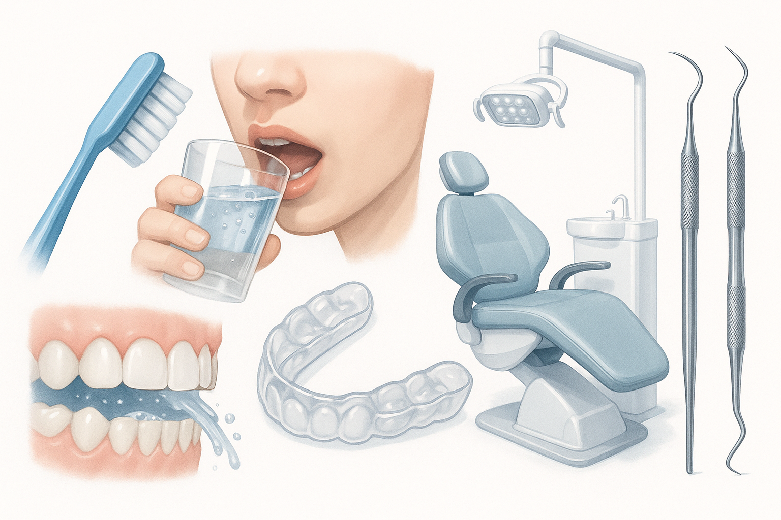 치아패임 관련 다양한 예방법 및 치료 방법에 대한 참조 일러스트
