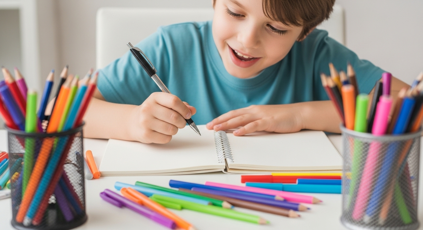 아이가 다양한 필기구와 함께 즐겁게 글쓰기를 하는 모습을 담은 사진