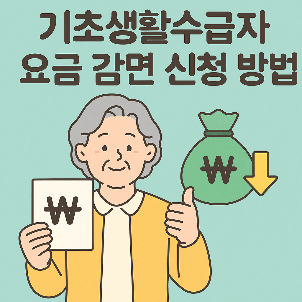 기초생활수급자의 요금 감면 신청을 안내하는 일러스트. 휴대폰 요금 청구서를 들고 있는 중장년층 남성과 전기요금 안내서를 확인하는 여성, 배경에는 통신사&middot;에너지 관련 아이콘과 서류가 함께 배치된 구성