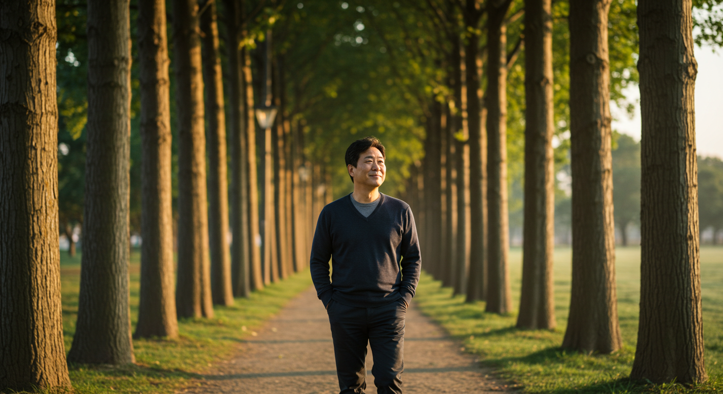 아침 햇살 속을 걷는 남성
