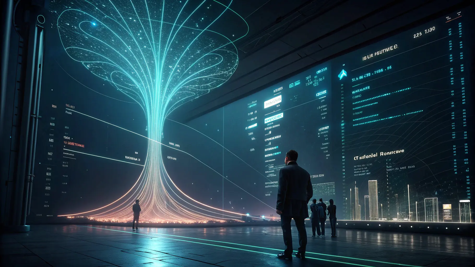 AI 모델 파라미터 증가를 시각화한 미래형 그래프 이미지