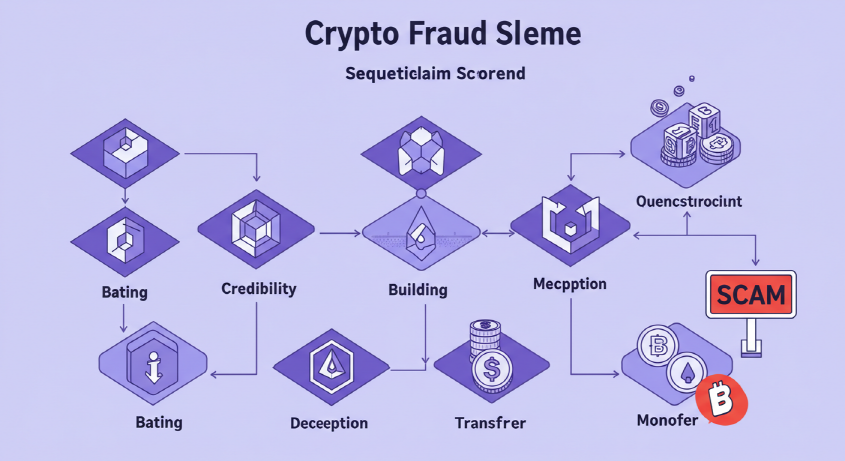 가상자산 사기 수법의 단계별 특징을 보여주는 플로우차트