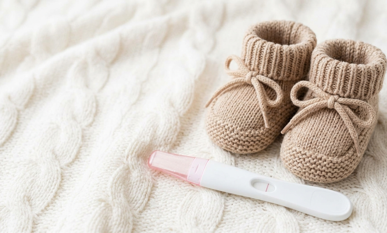 아기 신발과 양성 반응 임신 테스트기