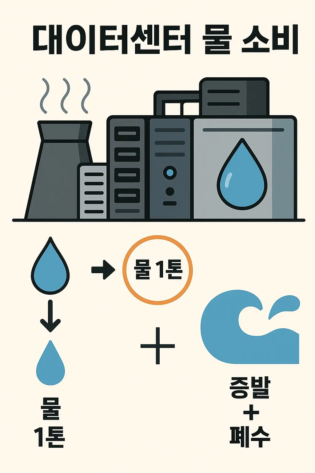 데이터센터가 물 1톤을 소비하면 증발과 폐수가 발생하는 물 사용 구조 인포그래픽