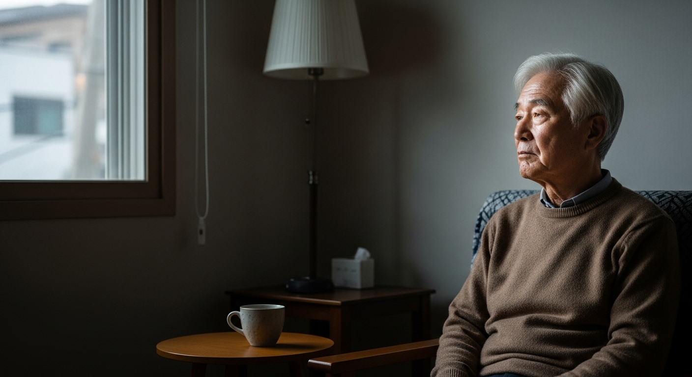 은퇴 후 외로움을 느끼며 창밖을 바라보는 70대 시니어 남성