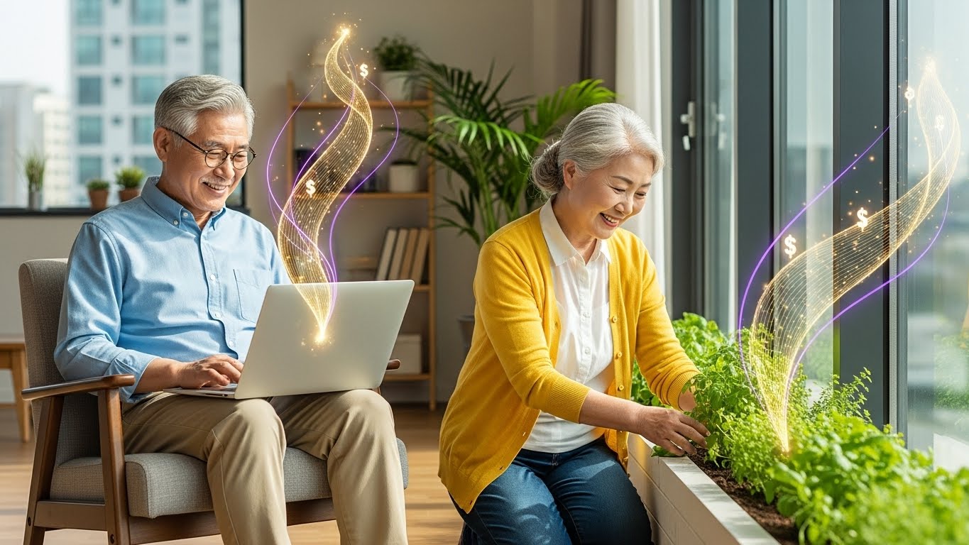 2026년 국민연금 재직자 감액 제도 개편으로 은퇴 후에도 소득 활동을 하며 안정적으로 연금을 받는 활기찬 노년 부부의 모습.