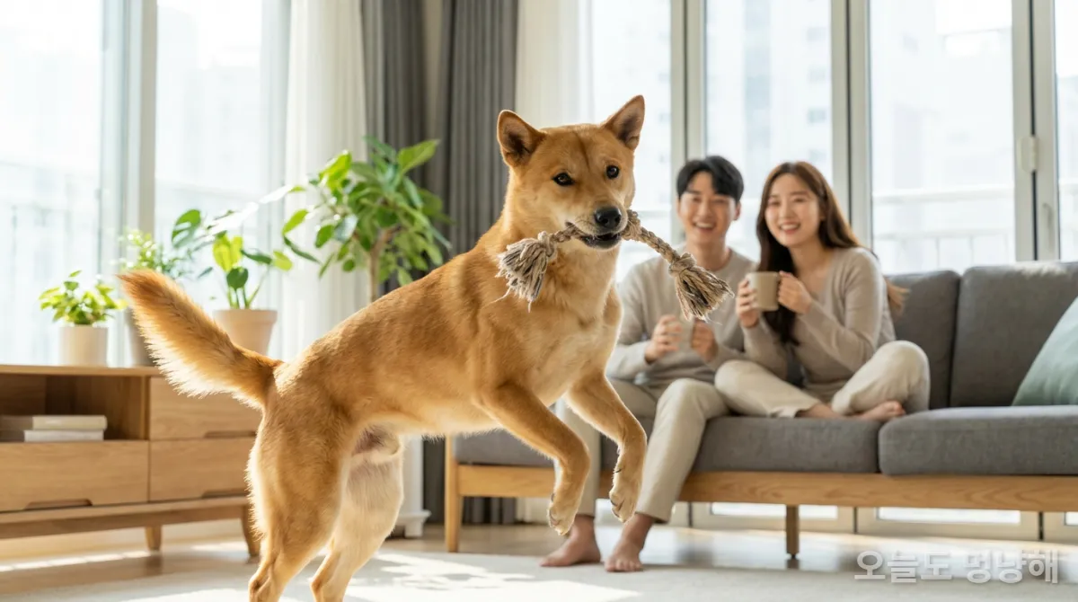 건강하고 행복해 보이는 진돗개와 함께하는 한국인 부부