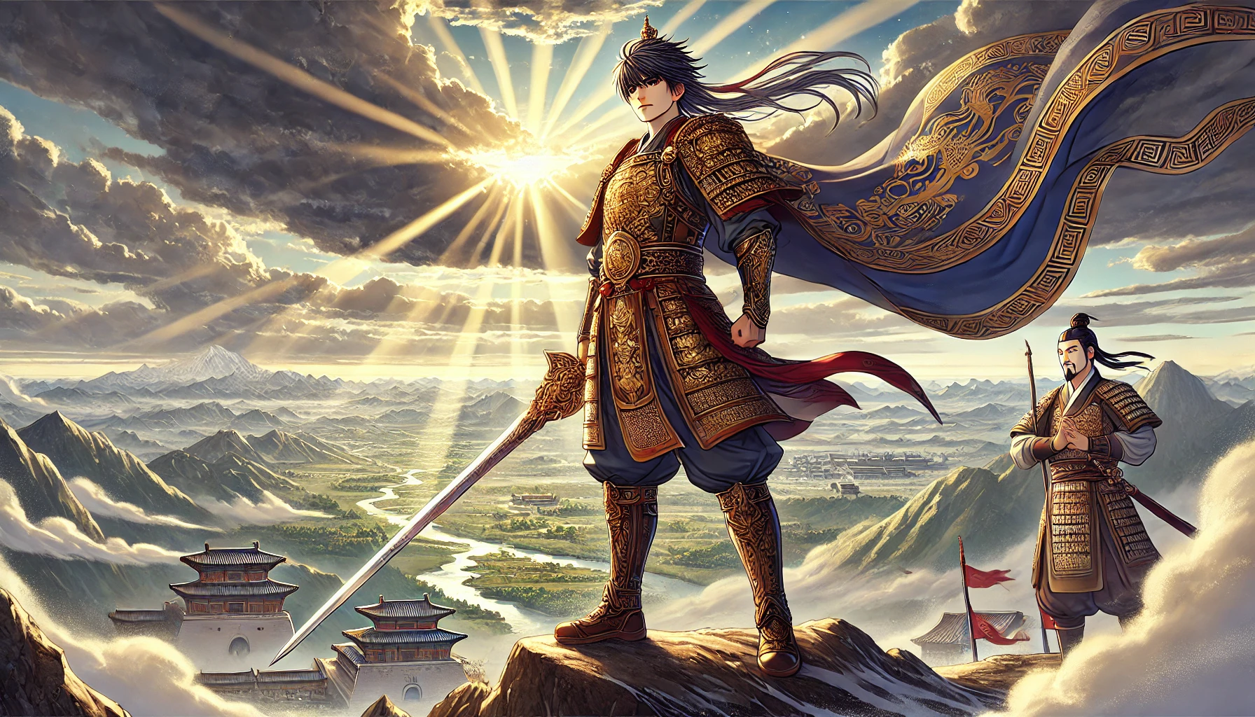 광개토대왕의 위대한 정복과 영광을 담은 애니메이션 스타일의 이미지