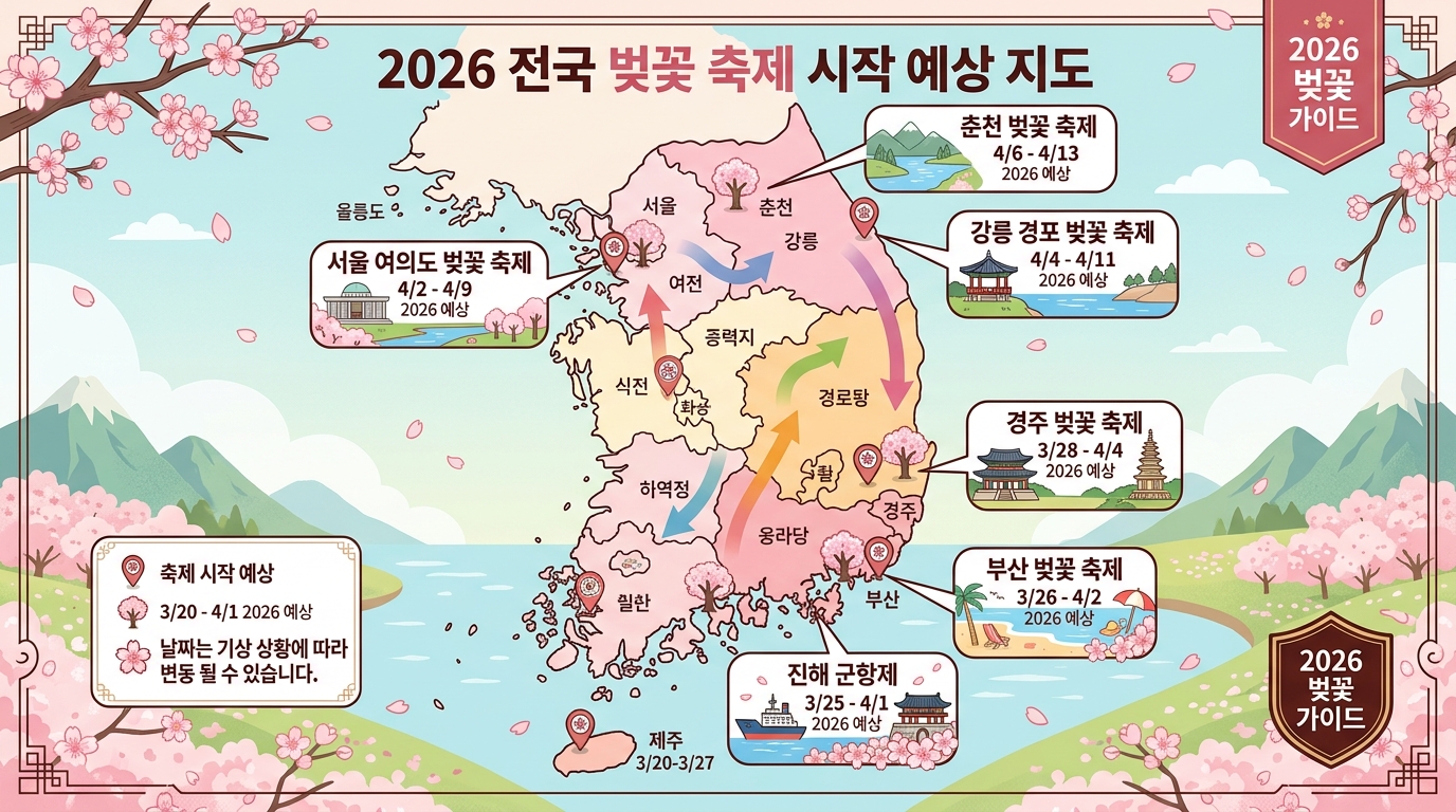 대한민국 지도를 기반으로 표시한 2026년 전국 주요 벚꽃 축제 시작일 정보