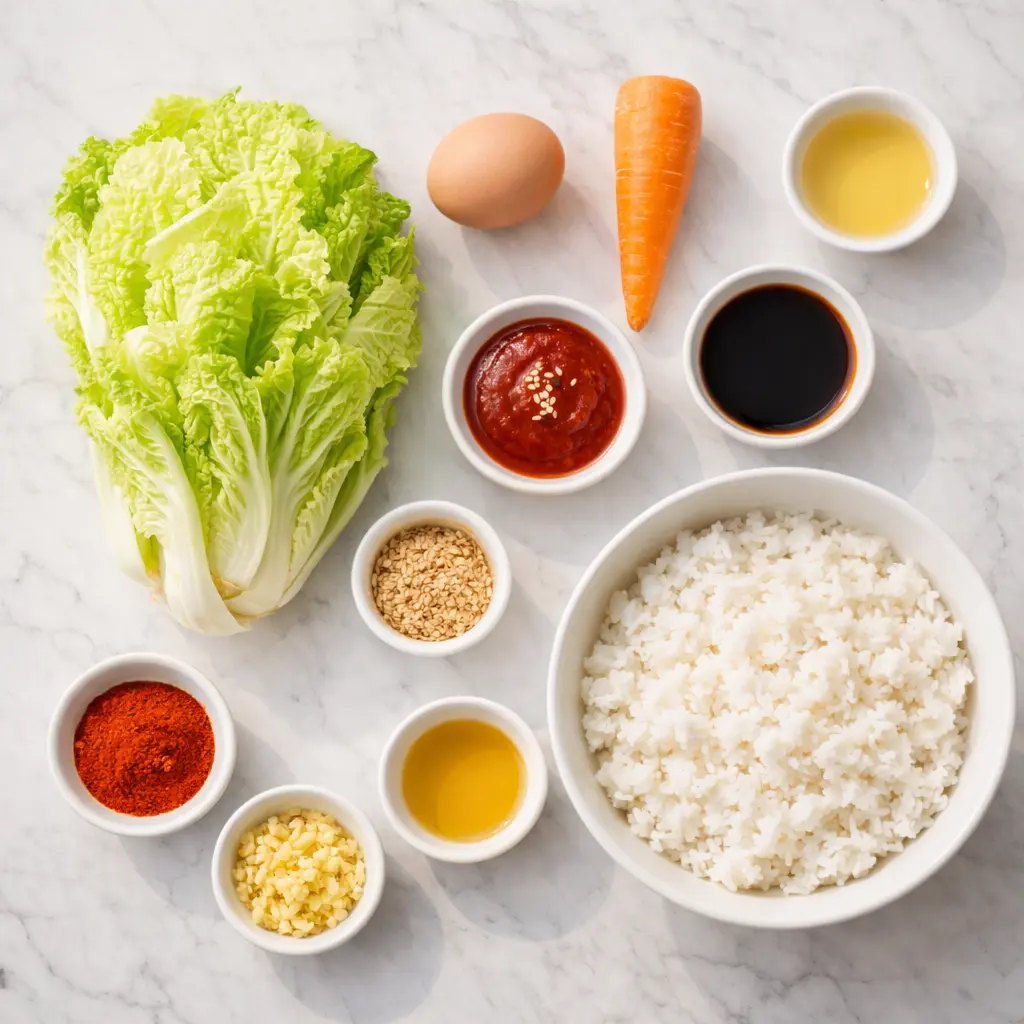 봄동비빔밥 재료 전체 모음 - 봄동, 달걀, 당근, 고추장, 간장, 참기름 등 1인분 재료