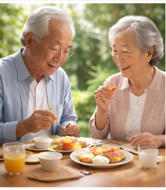즐거운 아침 식사하는 시니어