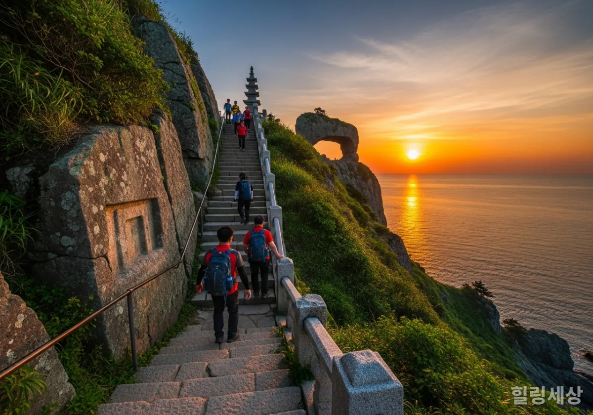 강화 보문사 눈썹바위로 향하는 계단과 서해의 아름다운 낙조
