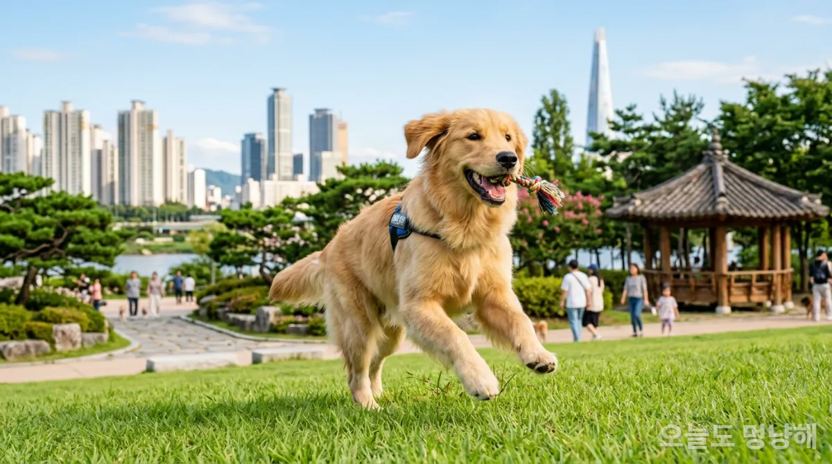 건강하고 활기찬 강아지가 한국의 공원에서 뛰어노는 모습