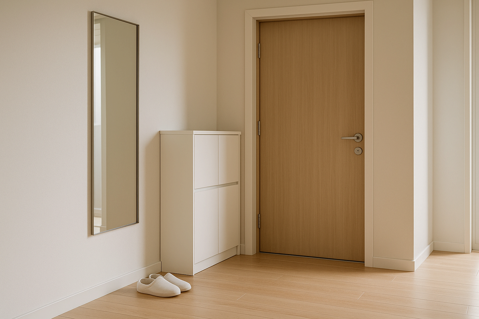 현관문과 마주보지 않게 옆 벽면에 설치된 거울과 닫히는 구조의 신발장