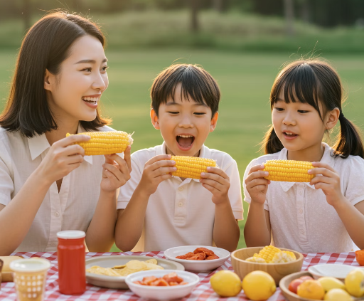 가족과 함께 여름철 간식 옥수수를 먹는 모습 2