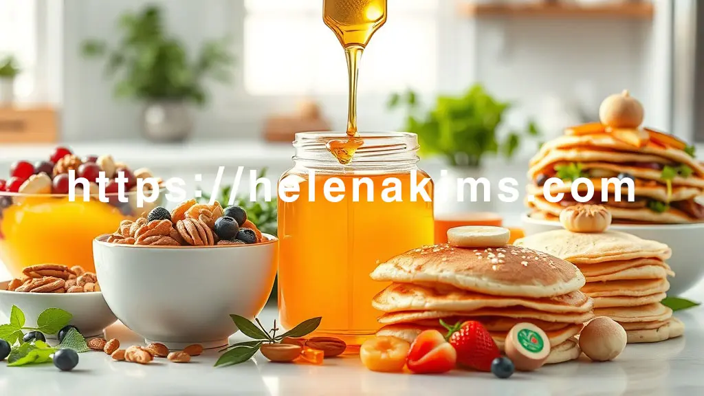 가운데 놓인 우아한 꿀병에서 황금빛 꿀이 부드럽게 흘러내리고, 그 주변으로 꿀이 활용된 다양한 건강 음식들이 정갈하게 배열된 모습.